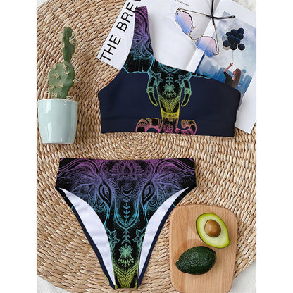 Colorful Spiritual Elephant Print One Shoulder Bikini Top