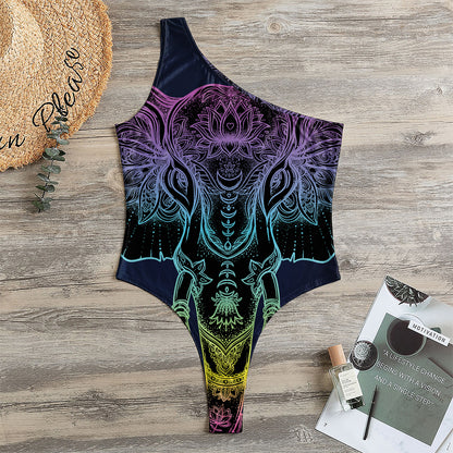 Colorful Spiritual Elephant Print One Shoulder Bodysuit