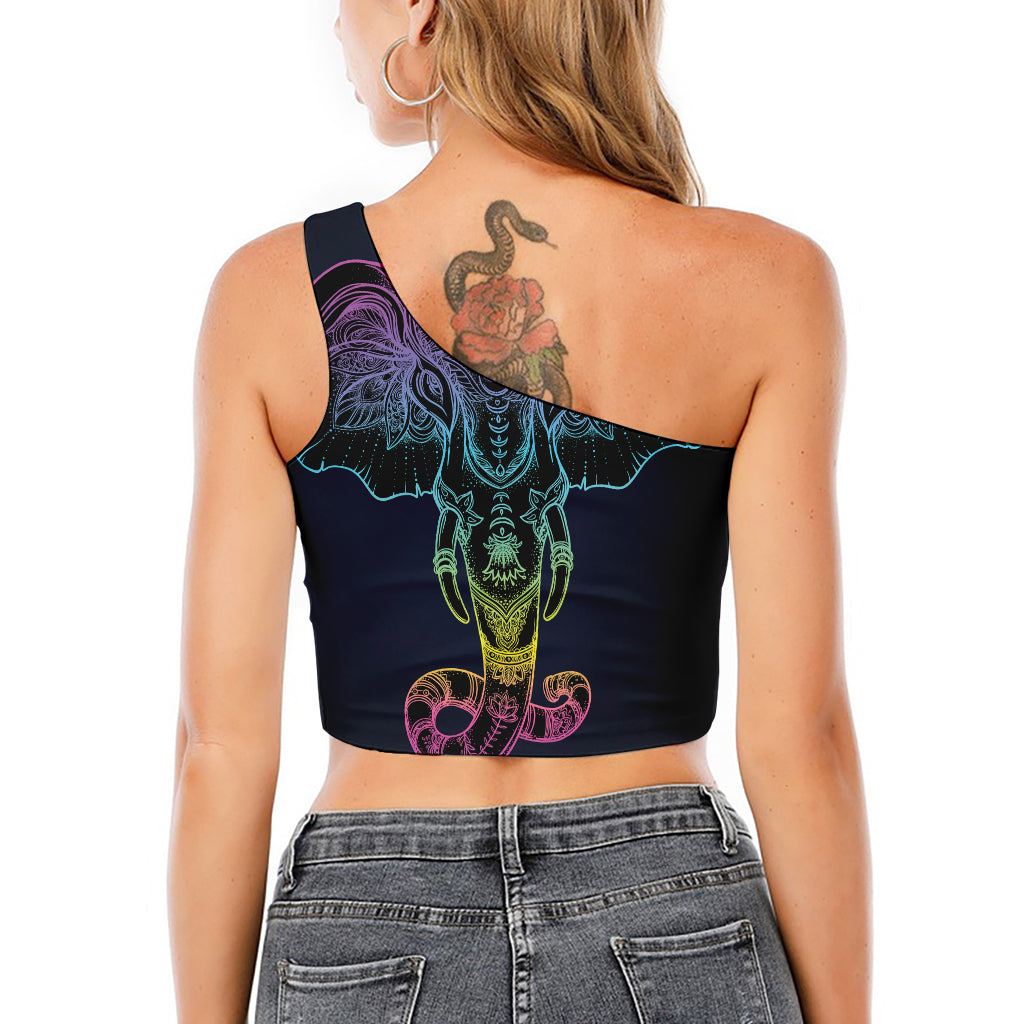 Colorful Spiritual Elephant Print One Shoulder Crop Top