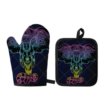 Colorful Spiritual Elephant Print Oven Mitt And Pot Holder Set