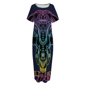 Colorful Spiritual Elephant Print Short Sleeve Long Nightdress