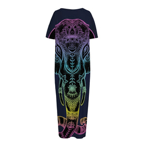 Colorful Spiritual Elephant Print Short Sleeve Long Nightdress