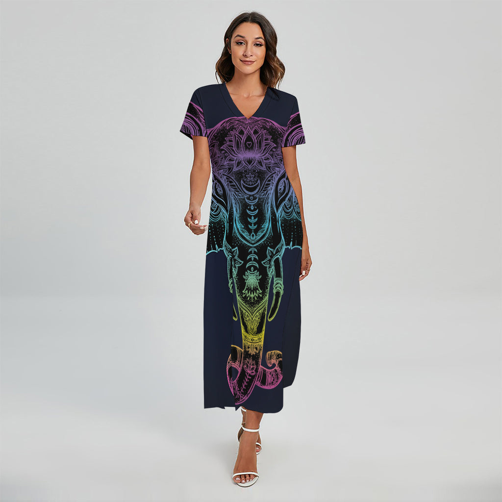 Colorful Spiritual Elephant Print Short Sleeve Maxi Dress