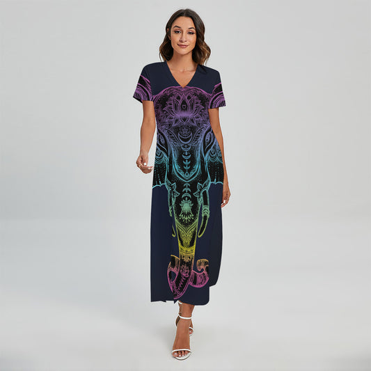 Colorful Spiritual Elephant Print Short Sleeve Maxi Dress