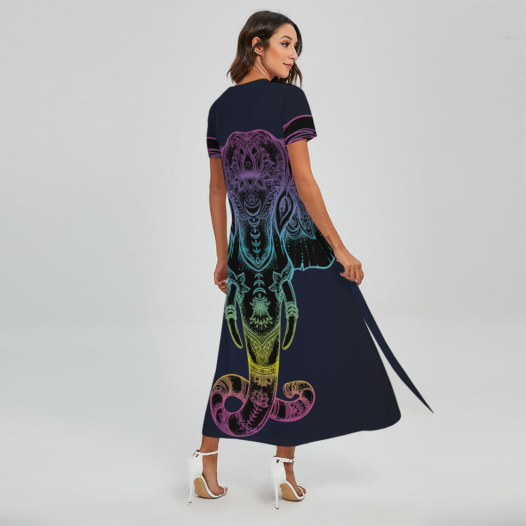 Colorful Spiritual Elephant Print Short Sleeve Maxi Dress