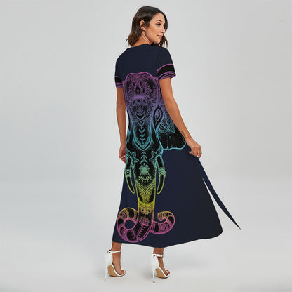 Colorful Spiritual Elephant Print Short Sleeve Maxi Dress