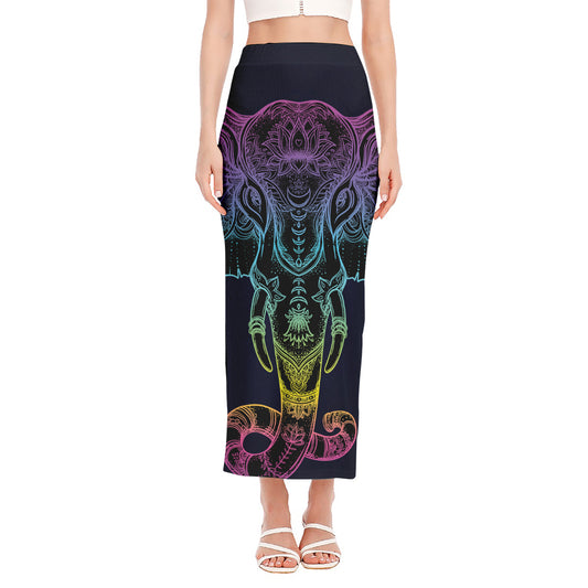 Colorful Spiritual Elephant Print Side Slit Maxi Skirt