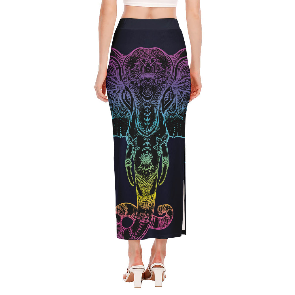 Colorful Spiritual Elephant Print Side Slit Maxi Skirt