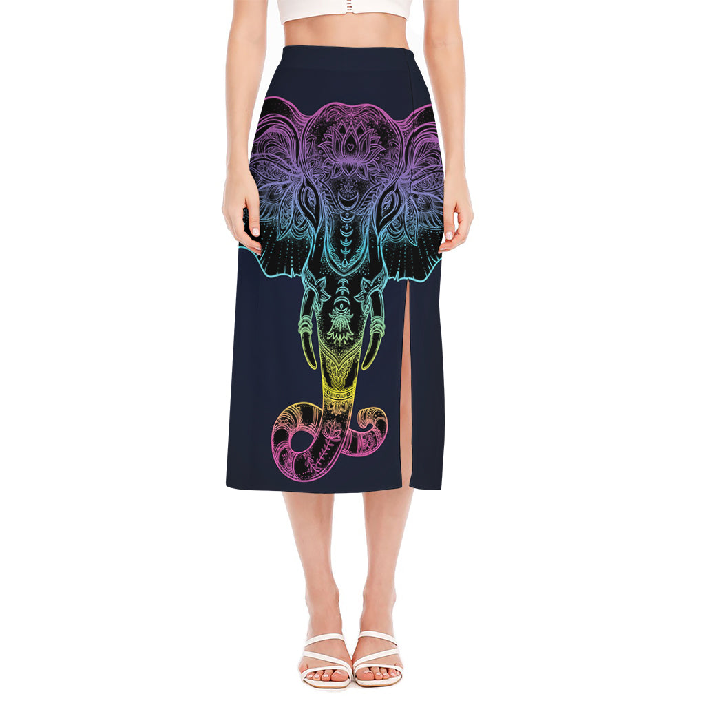 Colorful Spiritual Elephant Print Side Slit Midi Skirt