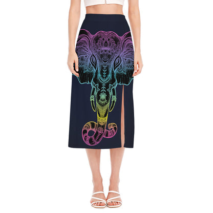 Colorful Spiritual Elephant Print Side Slit Midi Skirt