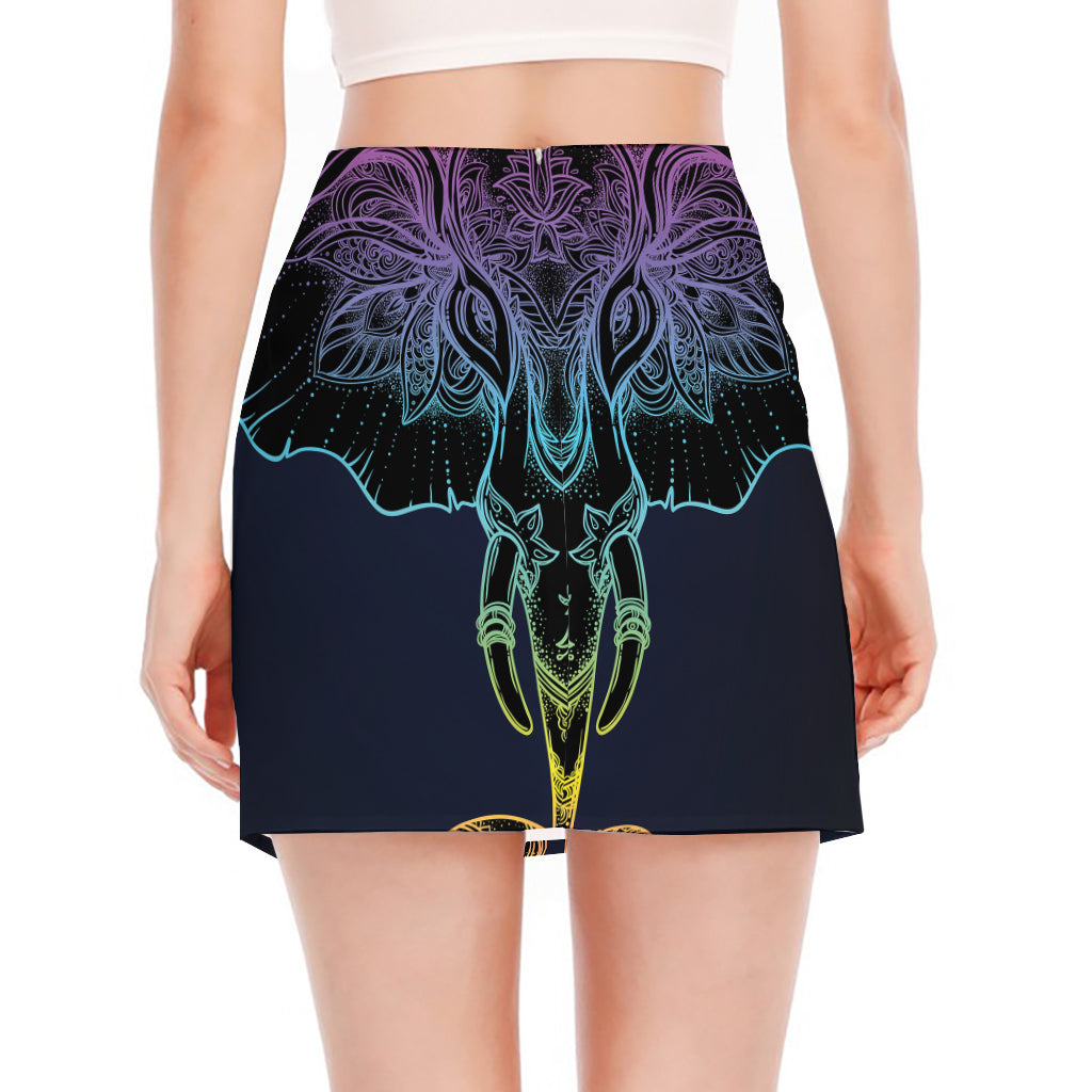 Colorful Spiritual Elephant Print Side Slit Mini Skirt