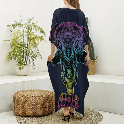 Colorful Spiritual Elephant Print Silk V-Neck Kaftan Dress
