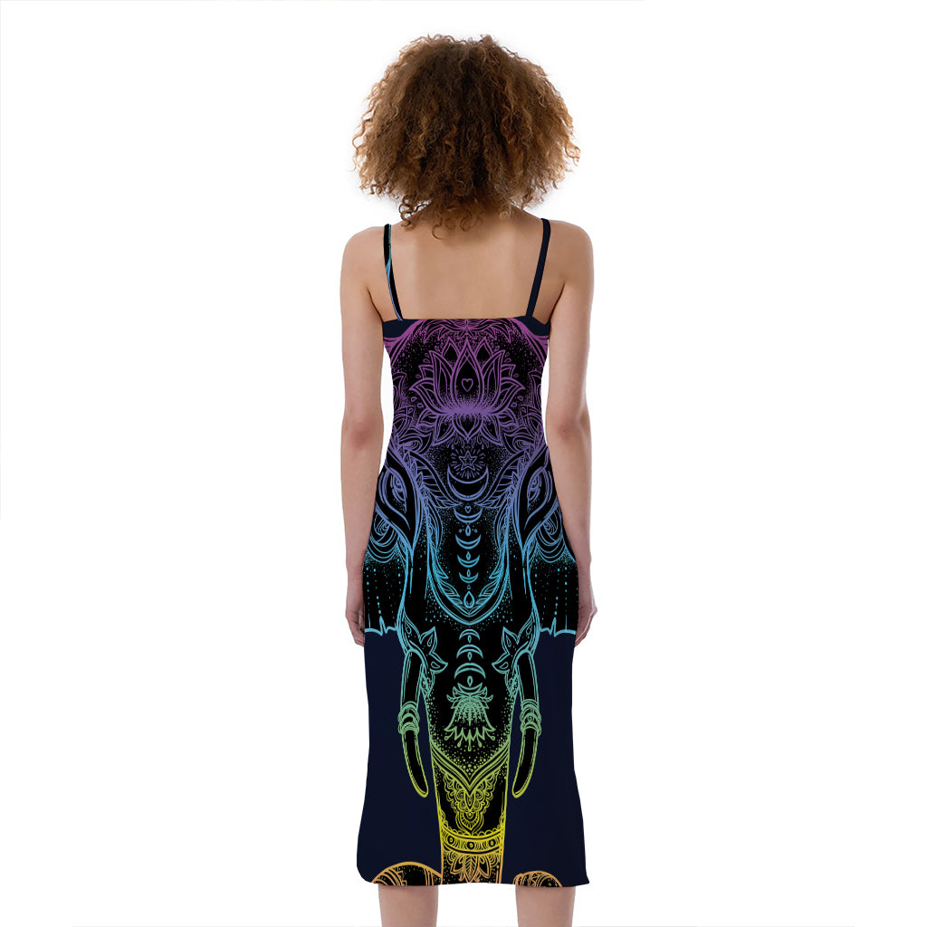 Colorful Spiritual Elephant Print Slim Fit Midi Cami Dress
