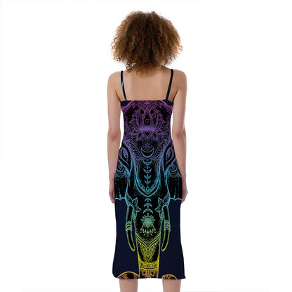 Colorful Spiritual Elephant Print Slim Fit Midi Cami Dress