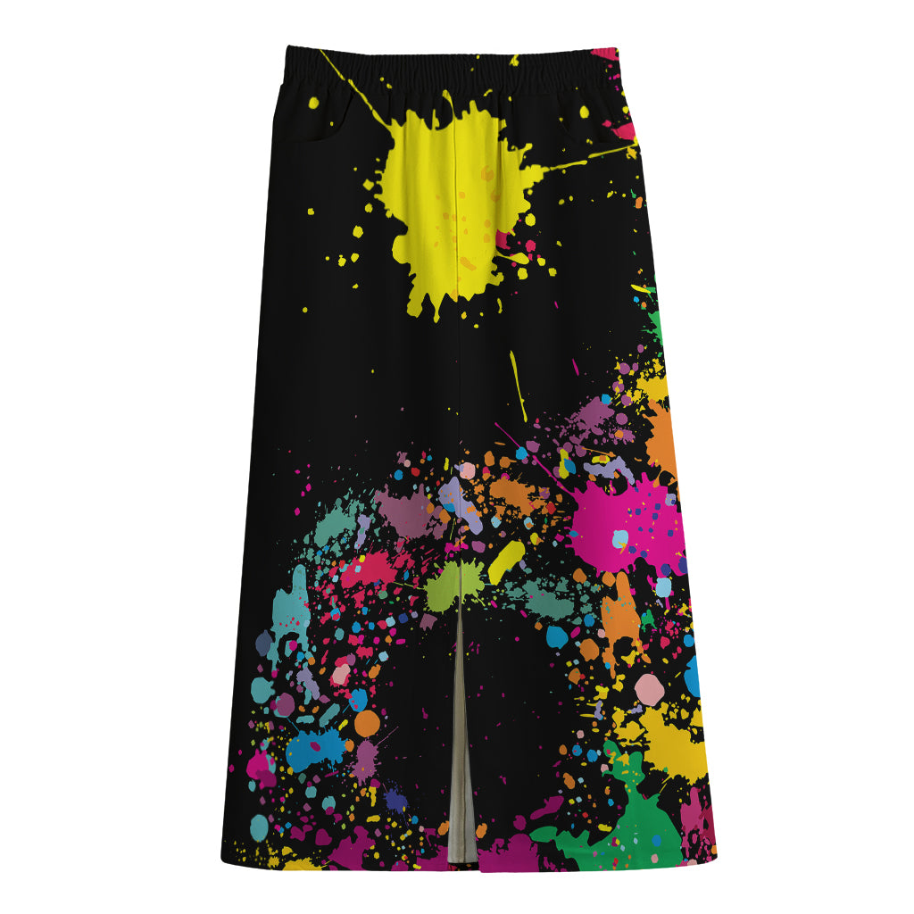 Colorful Splash Yin Yang Print Cotton Front Slit Maxi Skirt