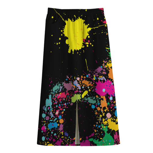 Colorful Splash Yin Yang Print Cotton Front Slit Maxi Skirt
