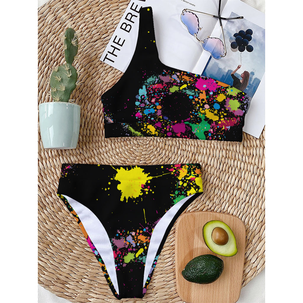 Colorful Splash Yin Yang Print One Shoulder Bikini Top