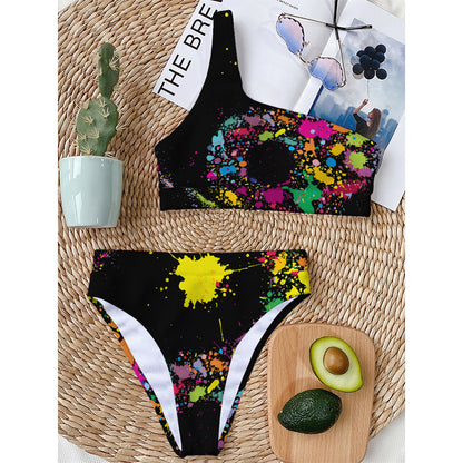 Colorful Splash Yin Yang Print One Shoulder Bikini Top