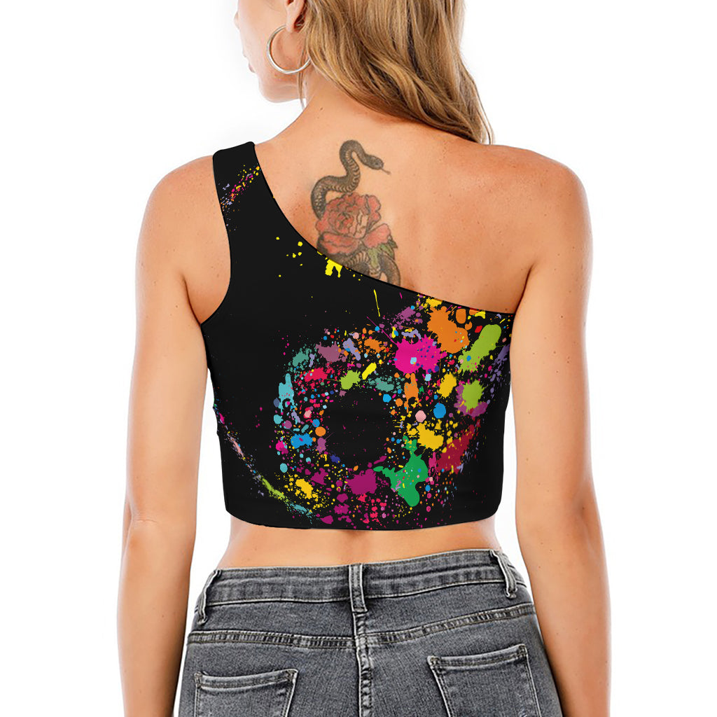 Colorful Splash Yin Yang Print One Shoulder Crop Top