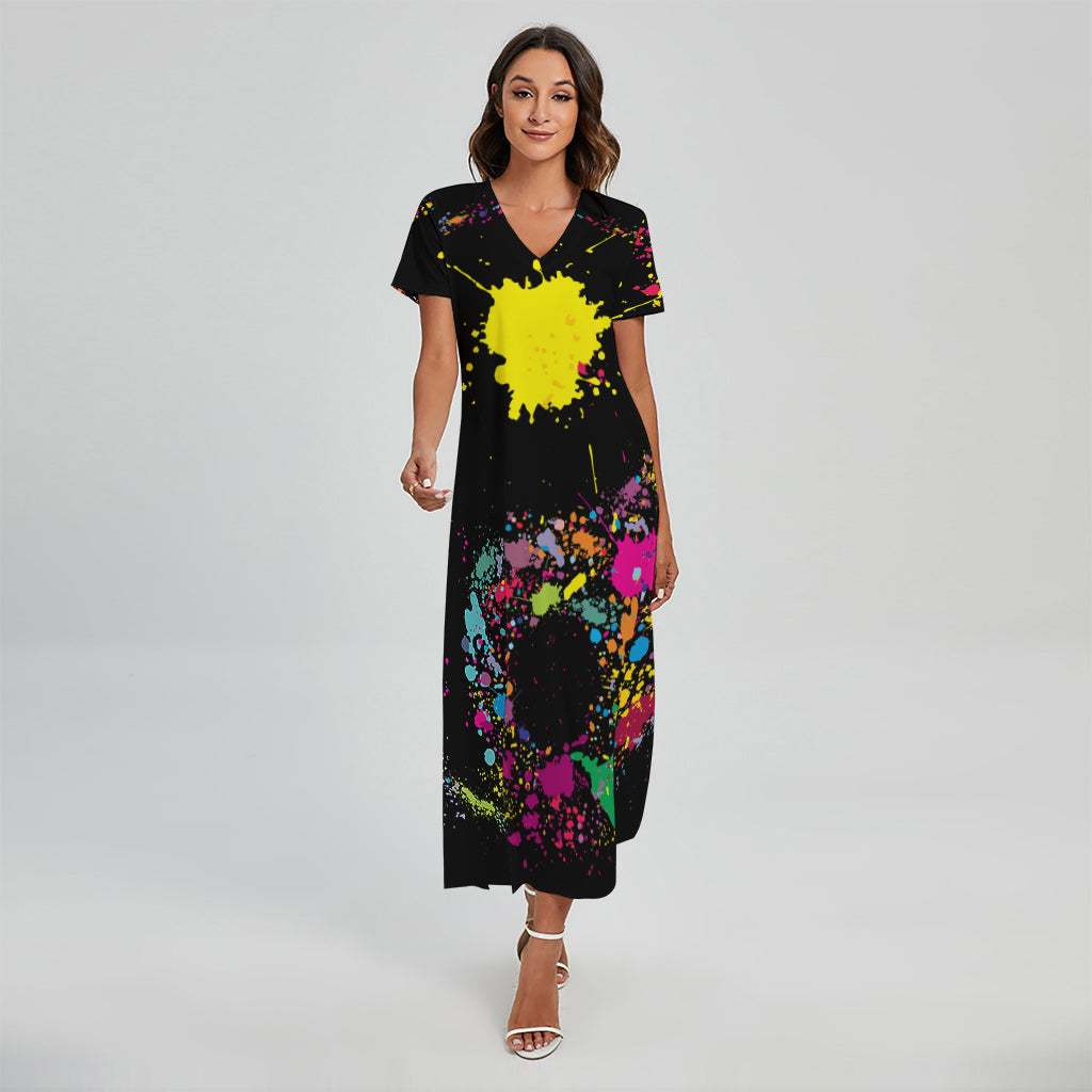 Colorful Splash Yin Yang Print Short Sleeve Maxi Dress