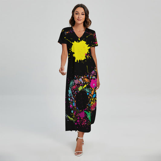 Colorful Splash Yin Yang Print Short Sleeve Maxi Dress