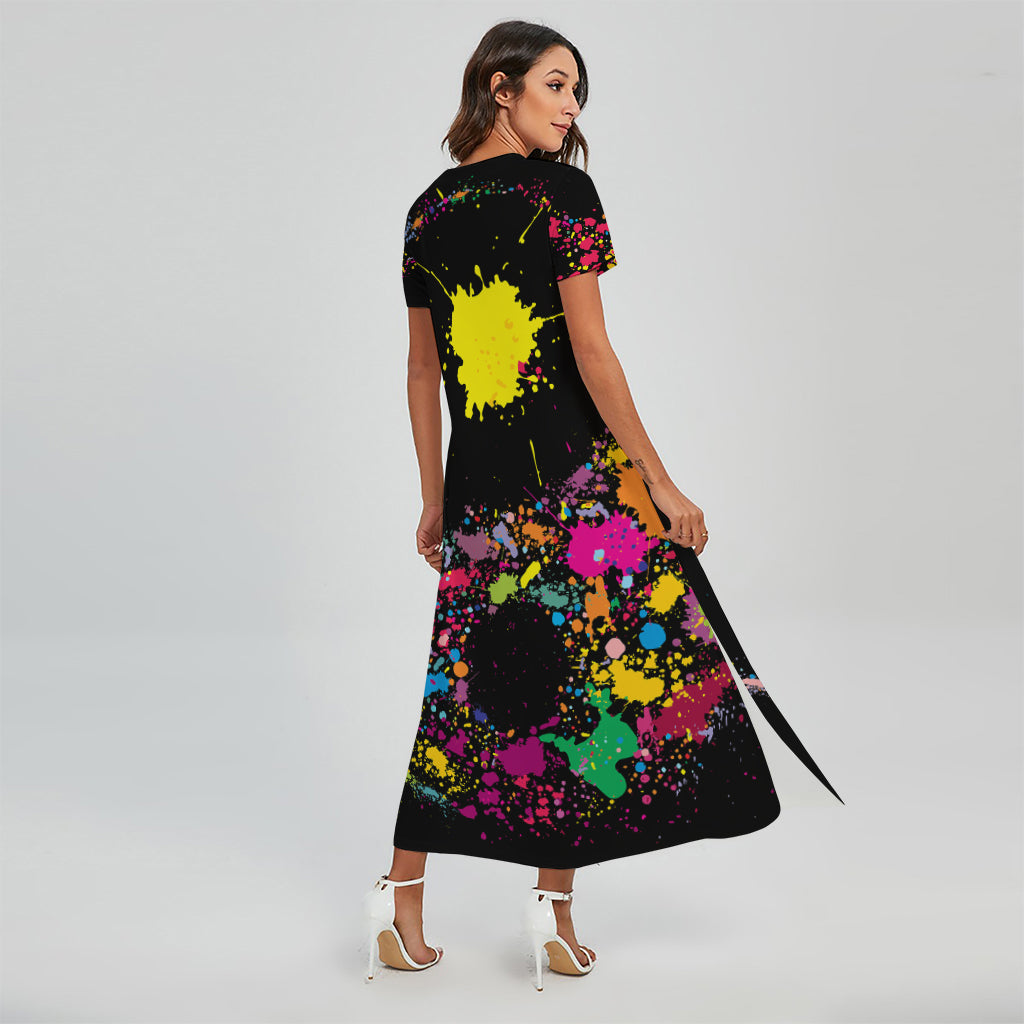 Colorful Splash Yin Yang Print Short Sleeve Maxi Dress