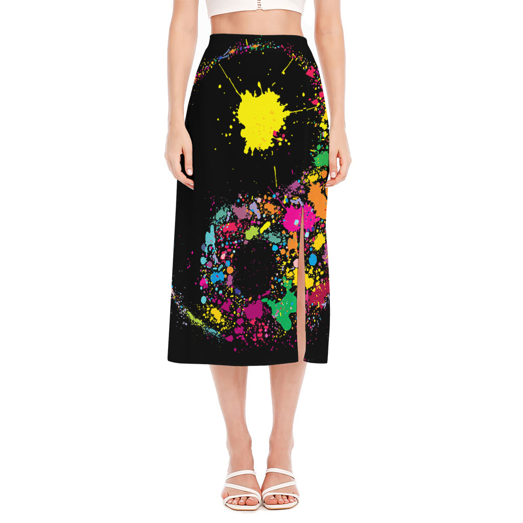 Colorful Splash Yin Yang Print Side Slit Midi Skirt