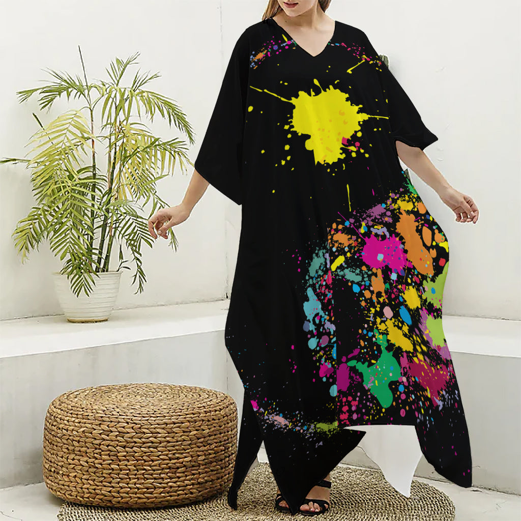 Colorful Splash Yin Yang Print Silk V-Neck Kaftan Dress