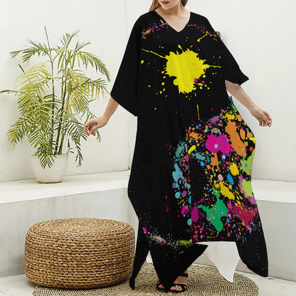 Colorful Splash Yin Yang Print Silk V-Neck Kaftan Dress