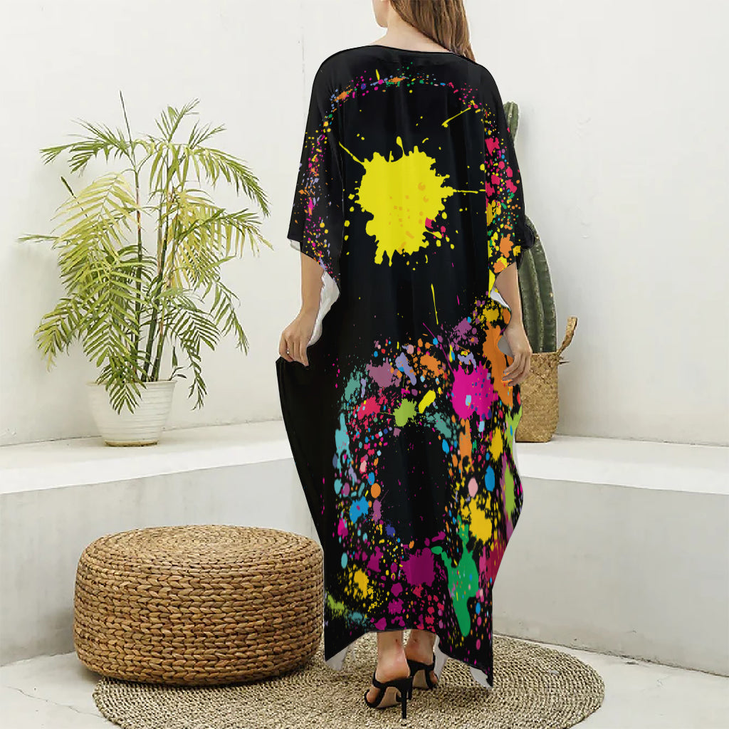 Colorful Splash Yin Yang Print Silk V-Neck Kaftan Dress