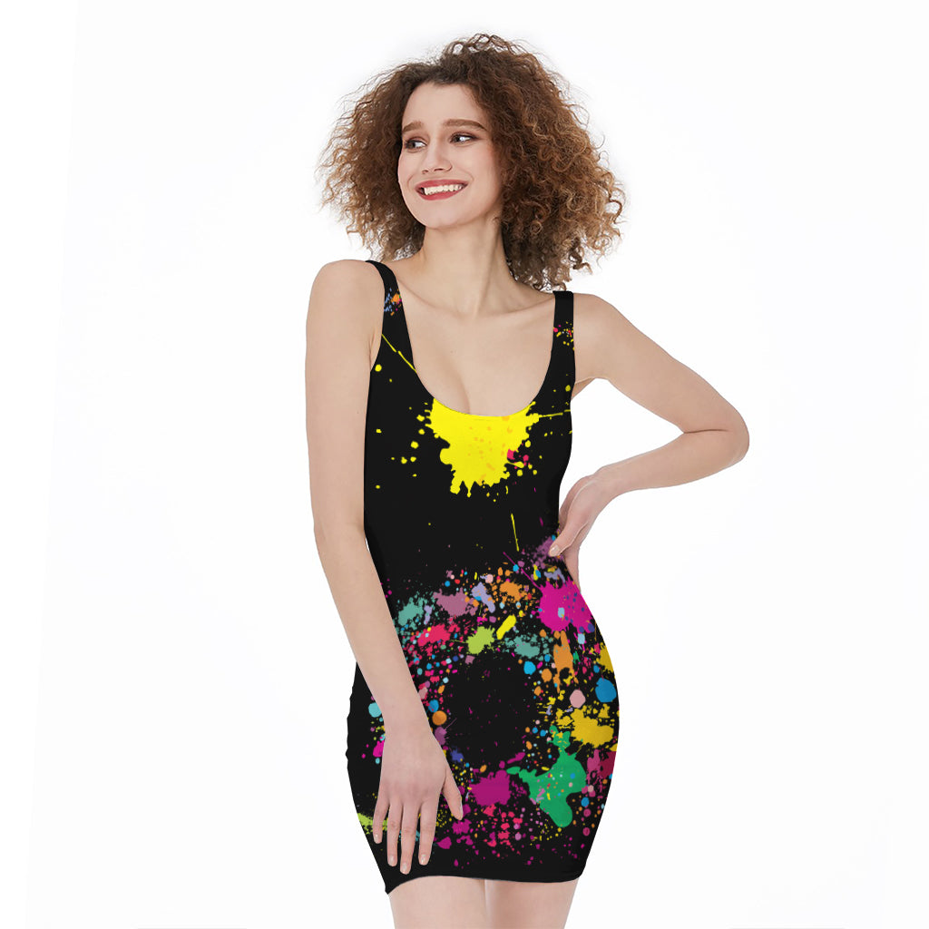 Colorful Splash Yin Yang Print Sleeveless Bodycon Dress