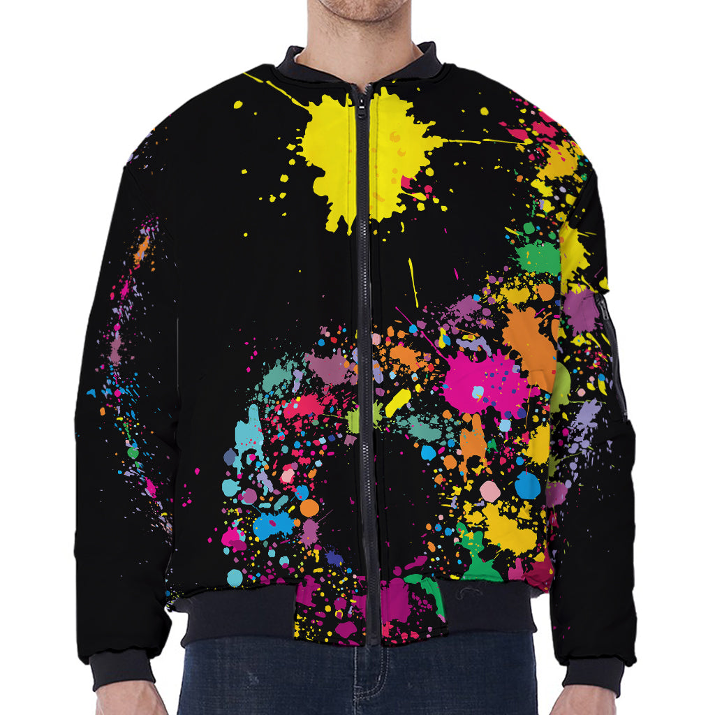 Colorful Splash Yin Yang Print Zip Sleeve Bomber Jacket