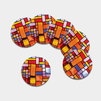 Colorful Stained Glass Mosaic Print Leather Coaster Set