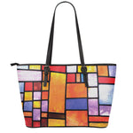 Colorful Stained Glass Mosaic Print Leather Tote Bag