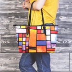 Colorful Stained Glass Mosaic Print Leather Tote Bag