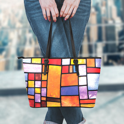 Colorful Stained Glass Mosaic Print Leather Tote Bag