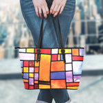 Colorful Stained Glass Mosaic Print Leather Tote Bag