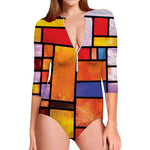 Colorful Stained Glass Mosaic Print Long Sleeve Swimsuit