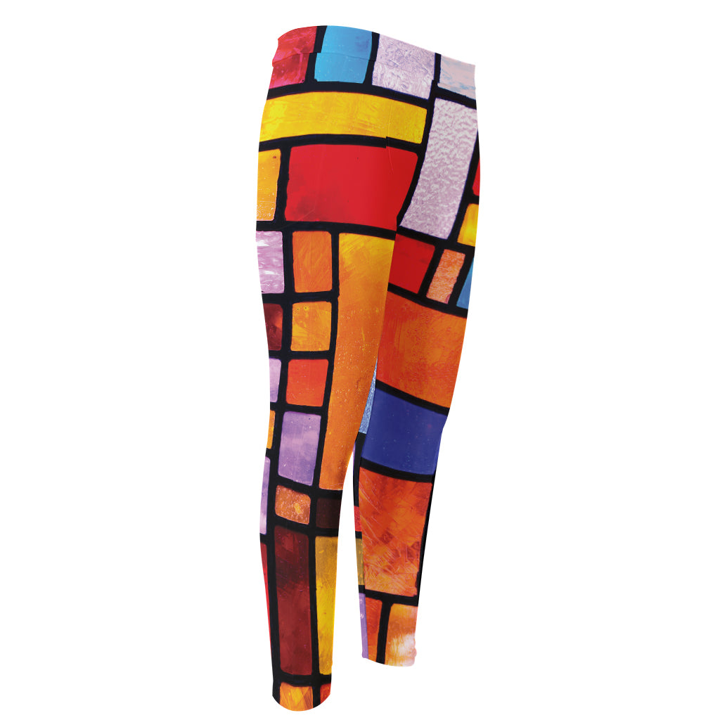 Colorful Stained Glass Mosaic Print Men's Compression Pants