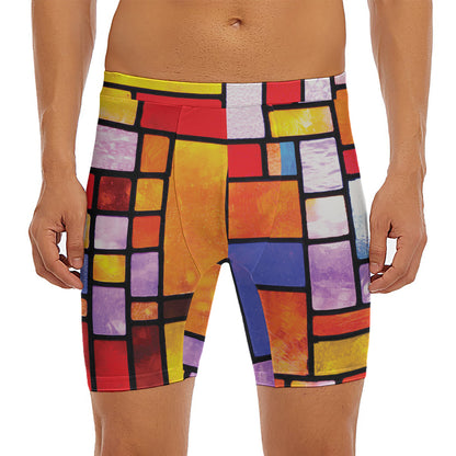 Colorful Stained Glass Mosaic Print Men's Long Boxer Briefs