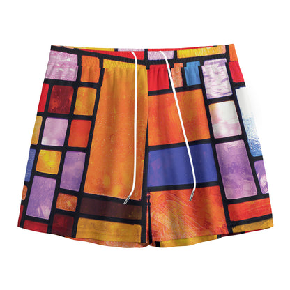 Colorful Stained Glass Mosaic Print Mesh Shorts