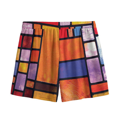 Colorful Stained Glass Mosaic Print Mesh Shorts