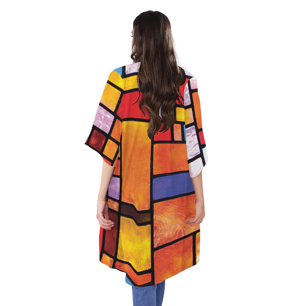 Colorful Stained Glass Mosaic Print Open Front Beach Cover Up