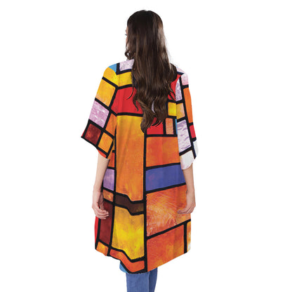 Colorful Stained Glass Mosaic Print Open Front Beach Cover Up
