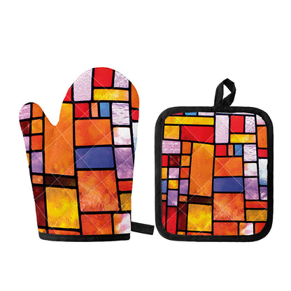 Colorful Stained Glass Mosaic Print Oven Mitt And Pot Holder Set