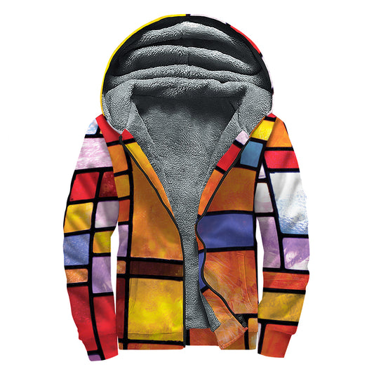 Colorful Stained Glass Mosaic Print Sherpa Lined Zip Up Hoodie