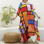 Colorful Stained Glass Mosaic Print Silk V-Neck Kaftan Dress