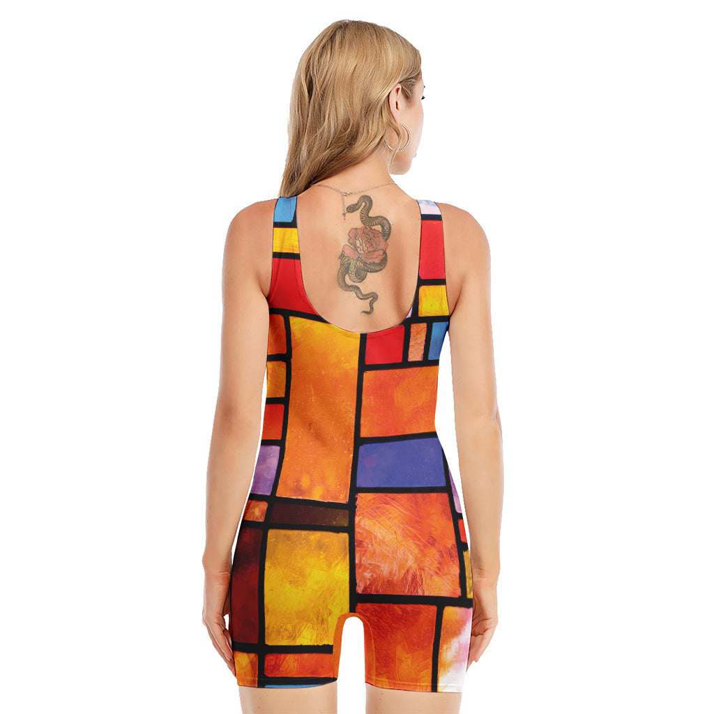 Colorful Stained Glass Mosaic Print Sleeveless One Piece Swimsuit