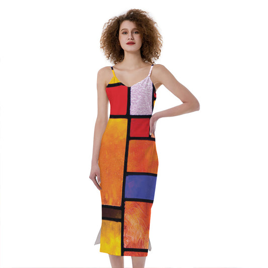 Colorful Stained Glass Mosaic Print Slim Fit Midi Cami Dress