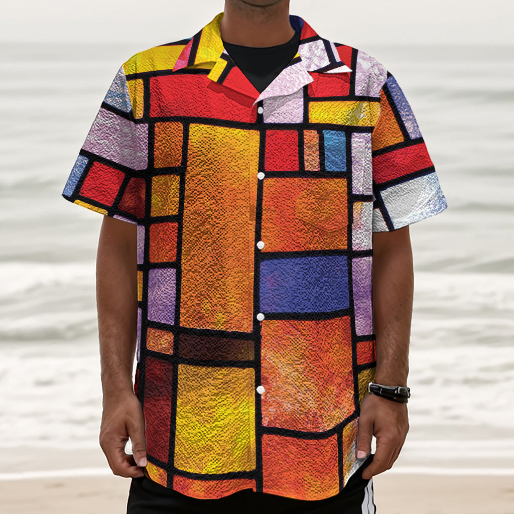 Colorful Stained Glass Mosaic Print Textured Short Sleeve Shirt